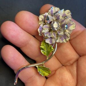 Vintage Coro Pegasus Enamel Flower Brooch Pastel Floral Rhinestone Pin Signed